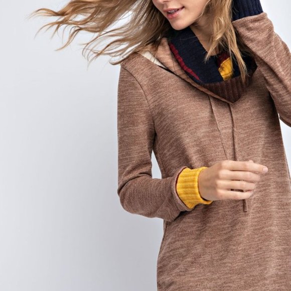 Cowl Neck Drawstring Top Sweater Shirt Camel Soft - Picture 3 of 5